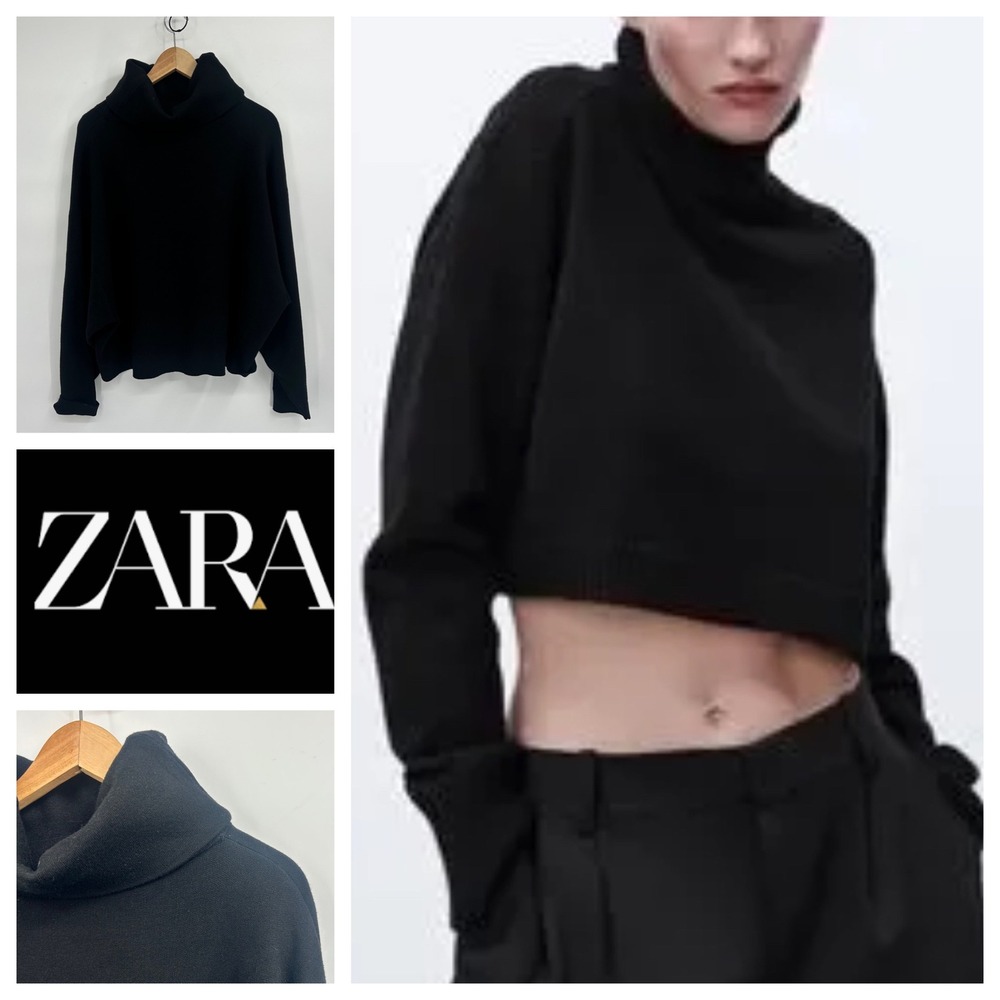 Zara Knit Turtleneck Cropped Oveersized Pullover Sweater Black Size‎ S